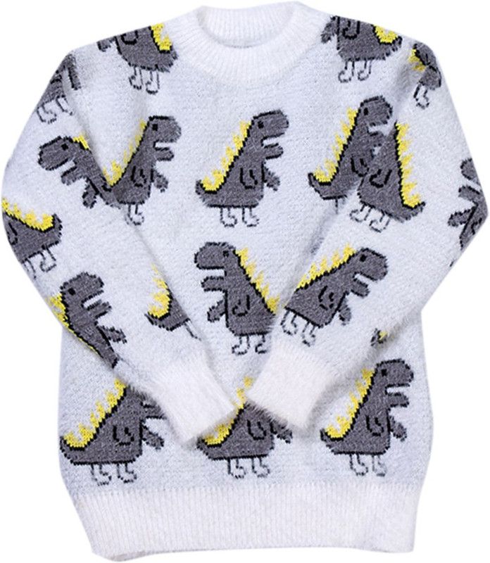 Boys Graphic Print Round Neck White Sweater