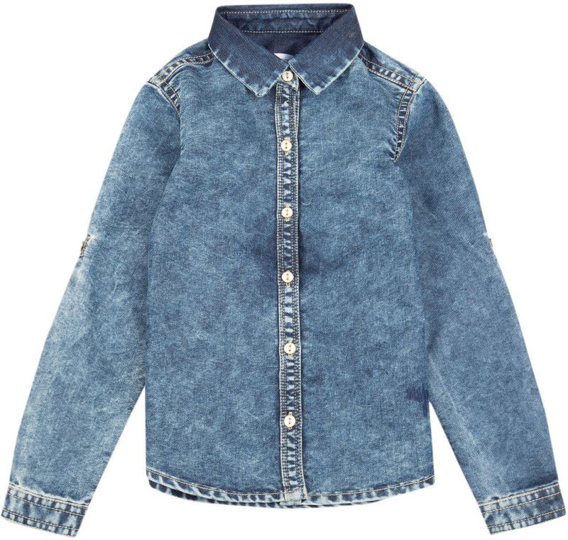 Girls Casual Cotton Blend Shirt Style Top  (Blue, Pack of 1)