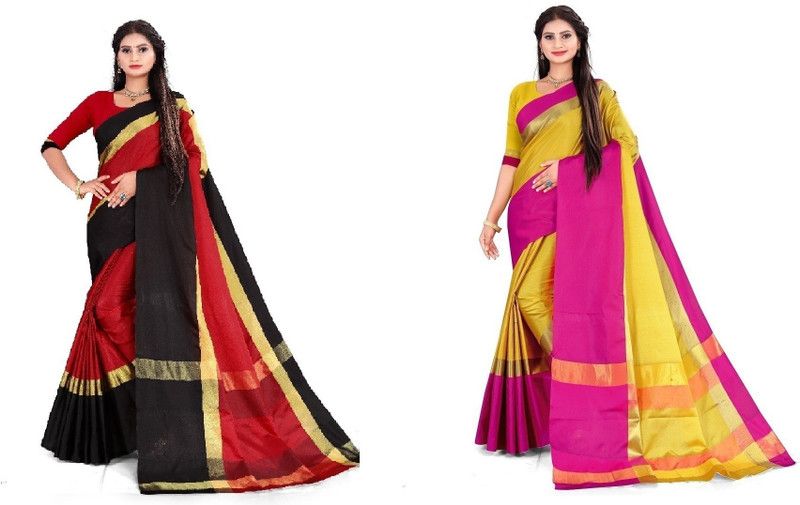 Woven Narayanpet Art Silk, Chanderi Saree  (Pack of 2, Red, Gold)