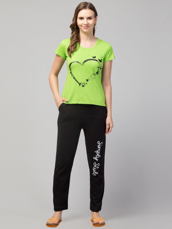 Women Solid Green, Black Top & Pyjama Set