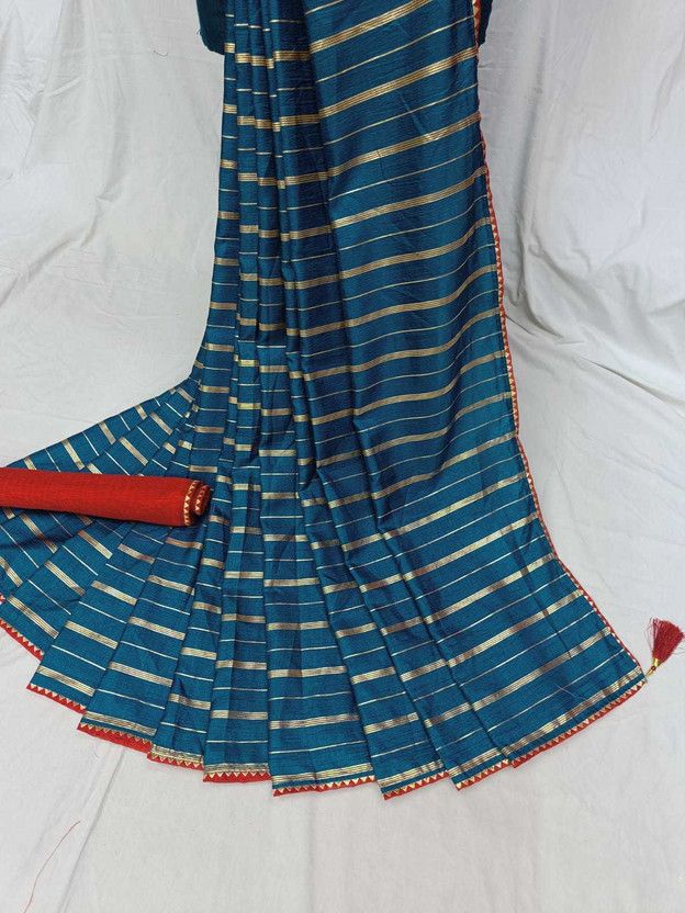 Striped Leheria Silk Blend Saree  (Yellow)