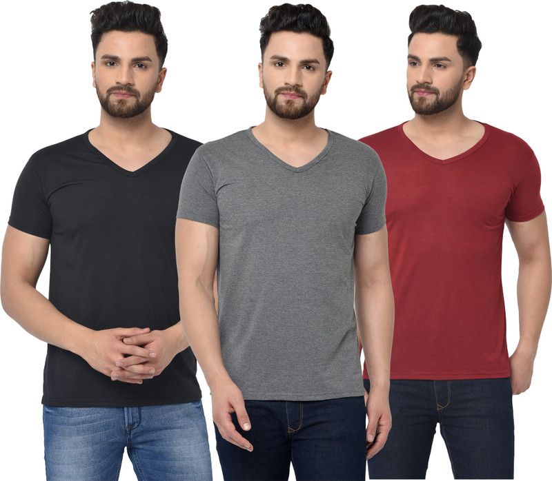 Pack of 3 V Neck T-Shirt Combo of 3 Men Solid V Neck Cotton Blend Maroon, Black, Grey T-Shirt