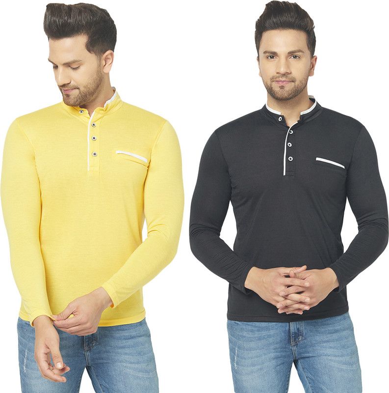 Pack of 2 Solid Combo of Two Henley Neck T-Shirt Men Solid Henley Neck Cotton Blend Black, Yellow T-Shirt