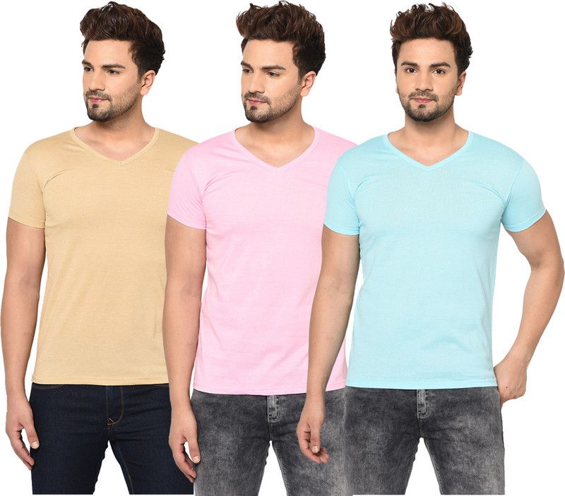 Pack of 3 V neck Combo T-shirts Multicolor Men Solid V Neck Cotton Blend Light Blue, Pink, Beige T-Shirt