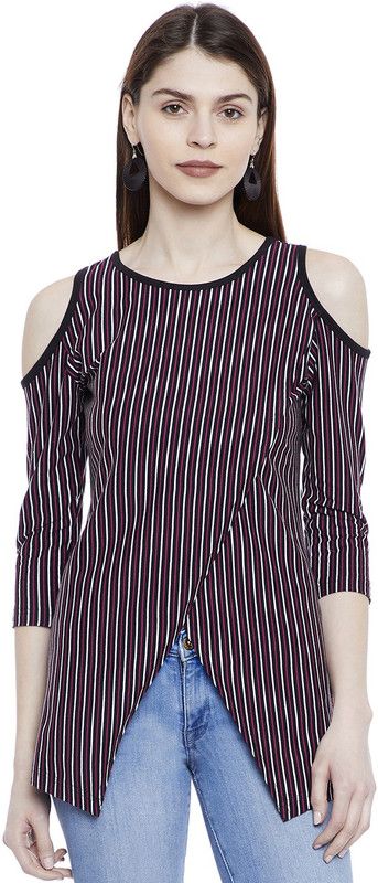 Casual Regular Sleeves Striped Women White, Maroon, Black Top