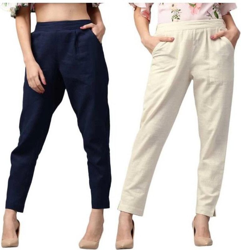 Pack of 2 Women Regular Fit Dark Blue, White Cotton Blend Trousers