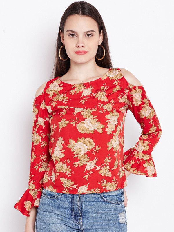 Party Cold Shoulder Sleeves Floral Print Women Red Top
