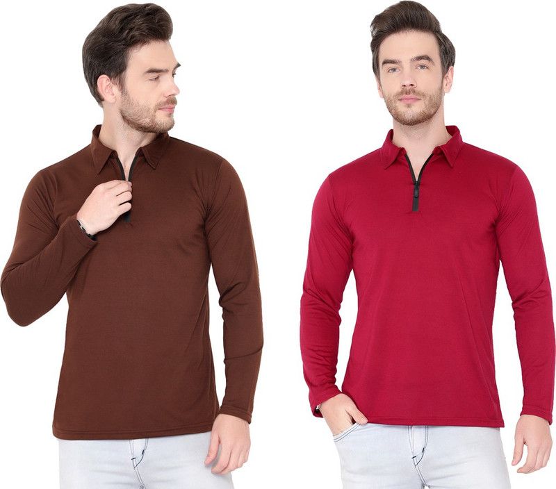 Pack of 2 Men Solid Polo Neck Cotton Blend Brown, Maroon T-Shirt