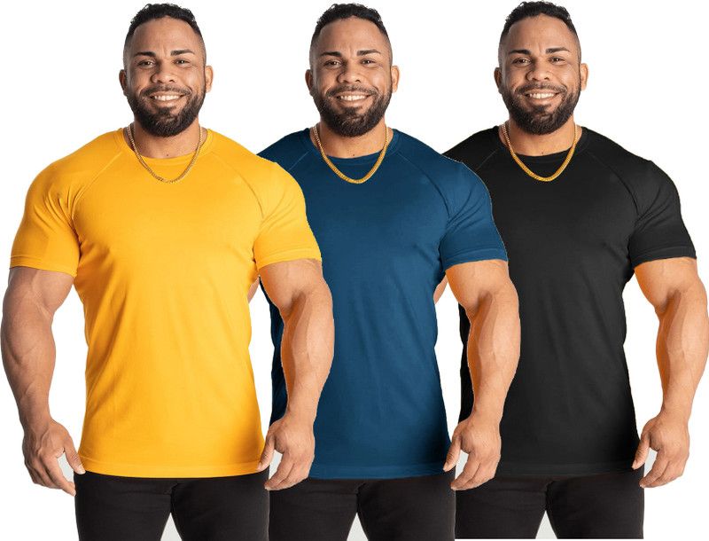Pack of 3 Men Solid Round Neck Polyester Blue, Black, Yellow T-Shirt