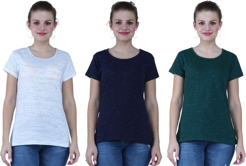 Pack of 3 Women Self Design Round Neck Cotton Blend Dark Green T-Shirt