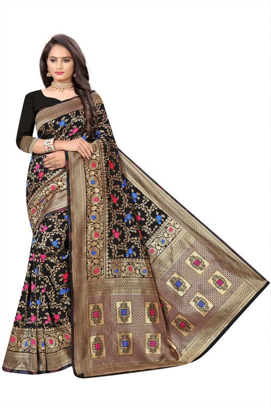 Self Design Banarasi Art Silk Saree  (Black)