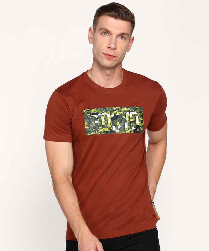 Men Printed Crew Neck Cotton Blend Orange T-Shirt