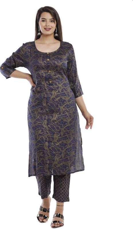 Women Printed Kurta  (Blue, Grey)