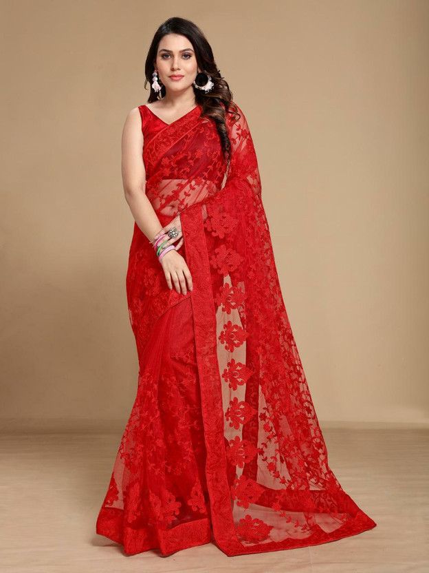 Embroidered Handloom Net Saree  (Red)