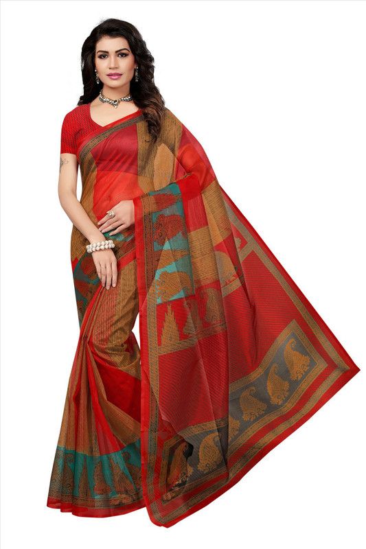 Printed Kota Doria Pure Cotton Saree  (Red)