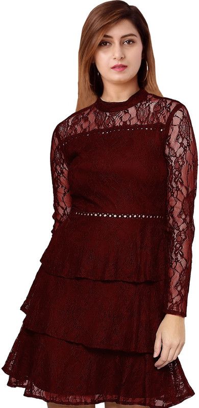 Girls Midi/Knee Length Casual Dress  (Maroon, Full Sleeve)