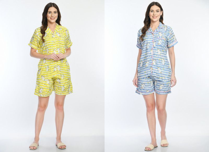 Women Top & Shorts Set Blue, Yellow Animal Print