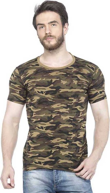 Men Military Camouflage Round Neck Reversible Cotton Blend Brown T-Shirt