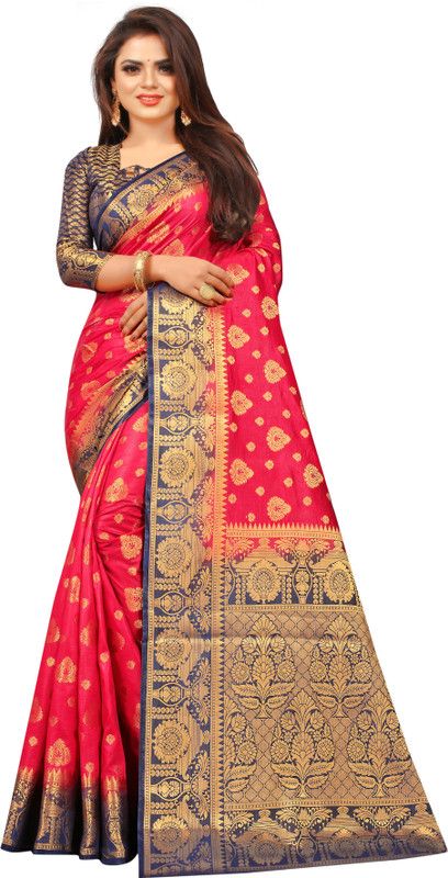Self Design Kanjivaram Cotton Silk Saree  (Blue, Pink)