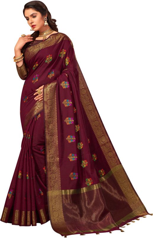 Embellished, Woven, Dyed Banarasi Jacquard, Cotton Silk Saree  (Maroon)