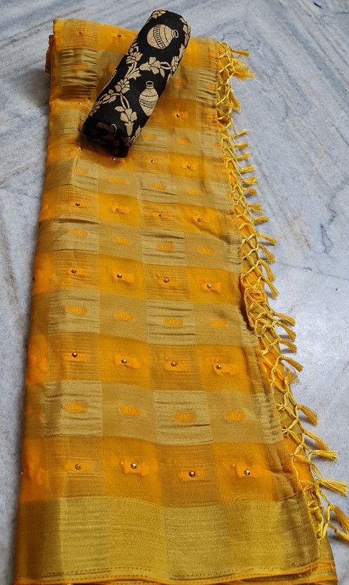 Woven, Checkered Bollywood Jacquard, Chiffon Saree  (Gold, Cream)