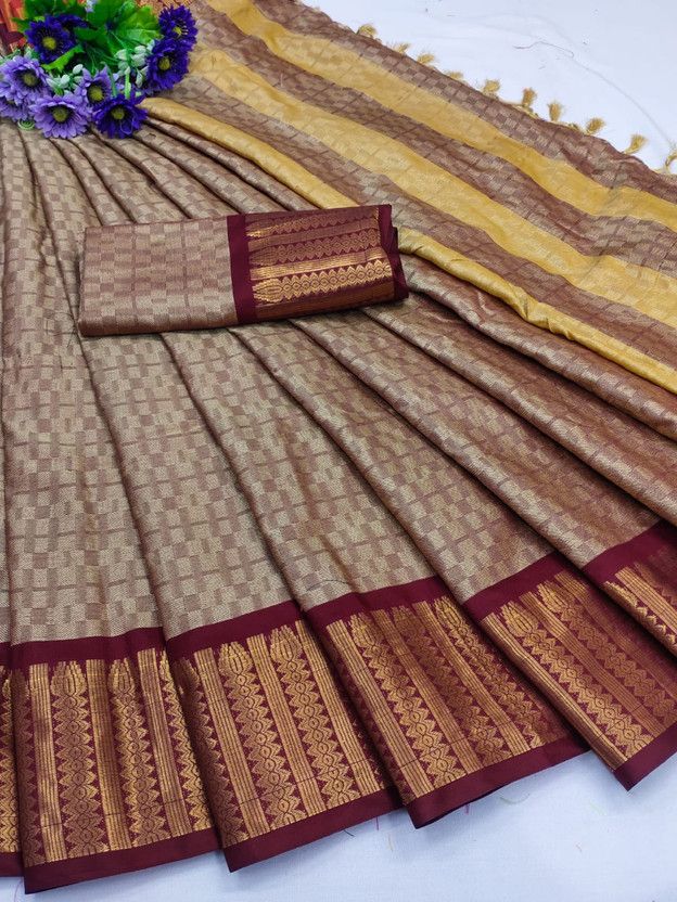 Self Design Handloom Cotton Silk Saree  (Maroon, Beige)