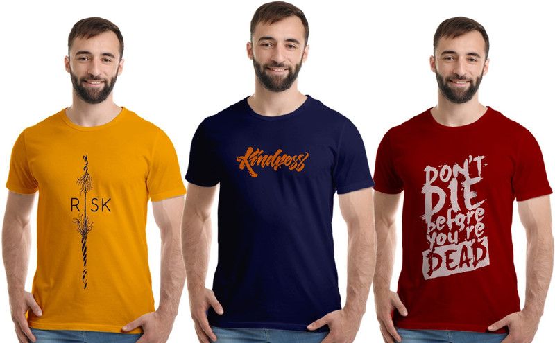 Pack of 3 Men Printed Round Neck Pure Cotton Dark Blue, Maroon, Yellow T-Shirt