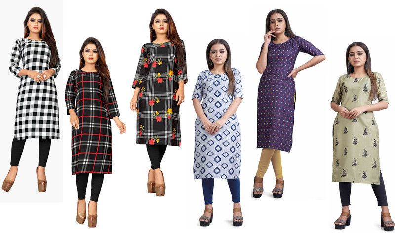 Pack of 6 Women Floral Print Crepe Straight Kurta  (Green, Black)