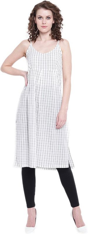 Women Checkered Cotton Blend Straight Kurta  (White)