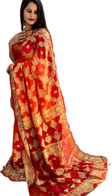 Hand Painted Bandhani Pure Silk Saree  (Orange)