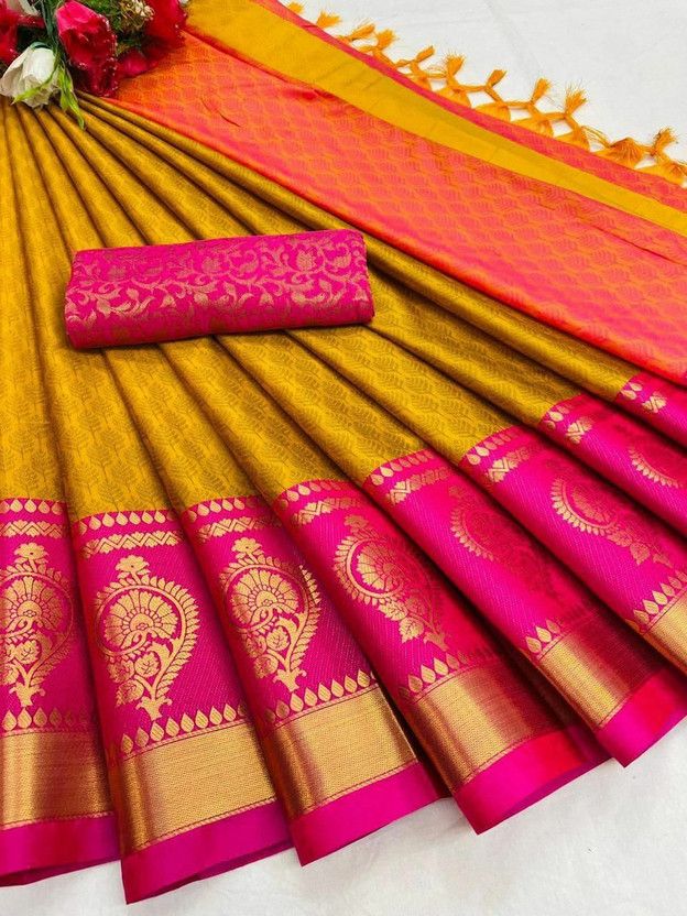 Woven Kanjivaram Jacquard, Pure Silk Saree  (Mustard, Pink)