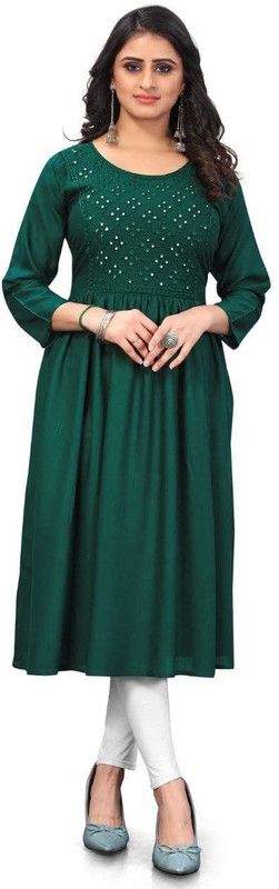 Women Embellished Cotton Blend Flared Kurta  (Dark Green)