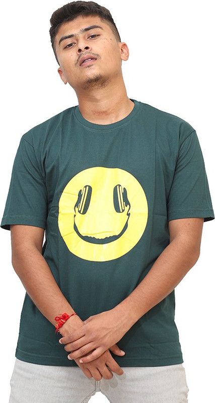 Men's Regular Fit T-Shirt Men Printed Round Neck Pure Cotton Green T-Shirt