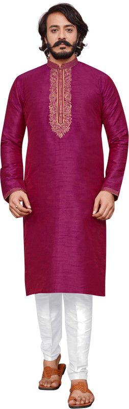 Men Self Design Dupion Silk Straight Kurta  (Pink)