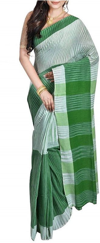 Striped Sambalpuri Handloom Cotton Blend, Pure Cotton Saree  (Green)