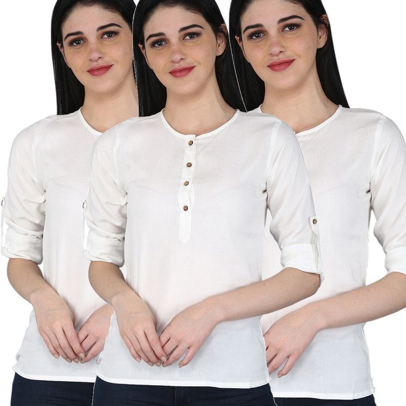 Pack of 3 Casual Roll Up Sleeves Solid Women White Top