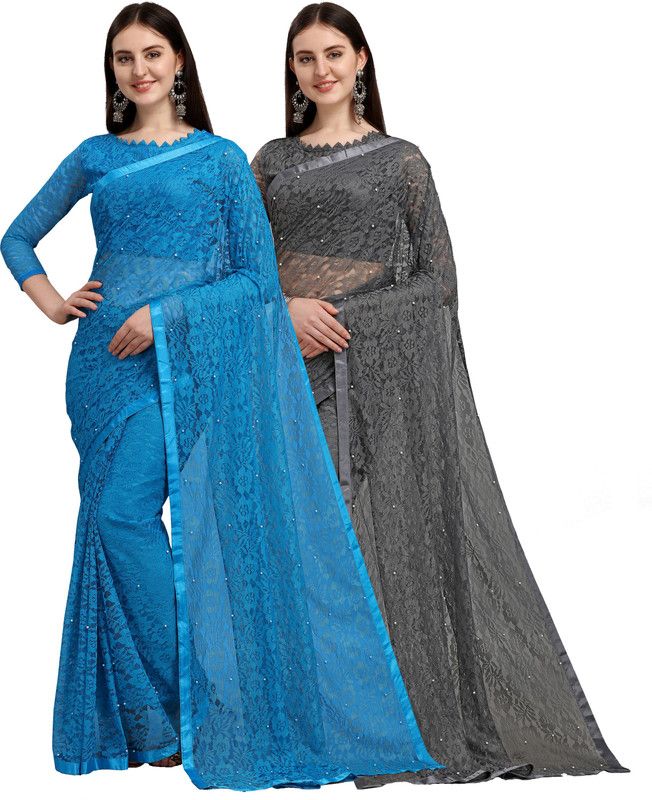 Self Design Fashion Brasso Saree  (Pack of 2, Light Blue, Grey)