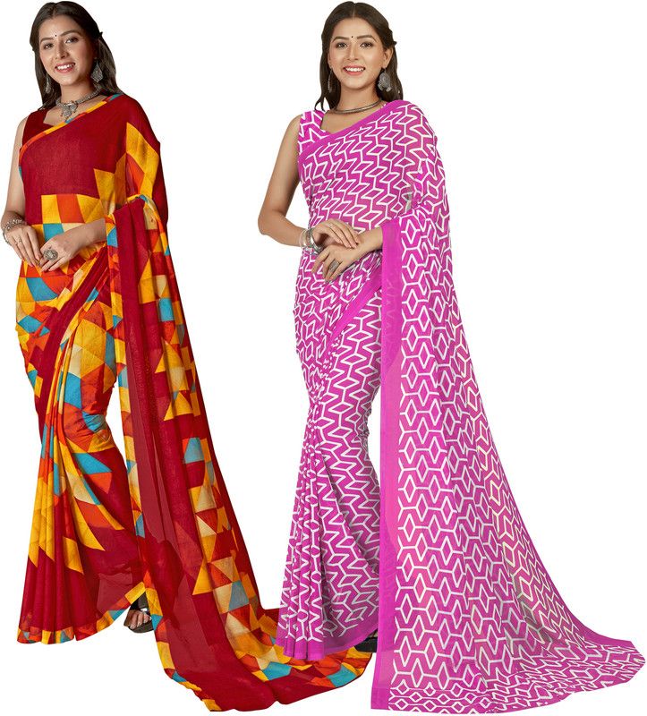 Floral Print, Paisley, Ombre, Geometric Print Daily Wear Georgette Saree  (Pack of 2, Pink, Red)
