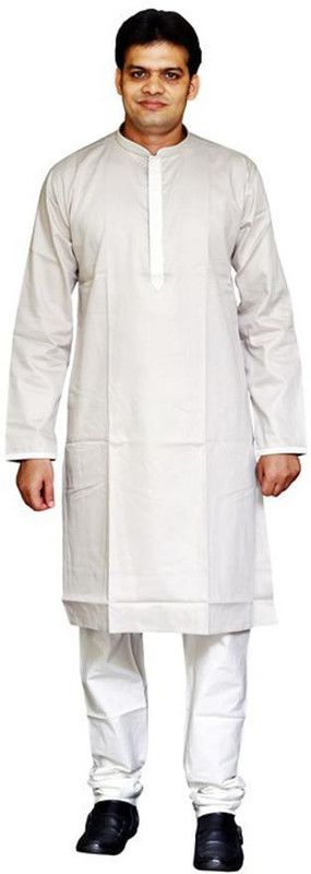 Men Self Design Pure Cotton Straight Kurta  (Silver)