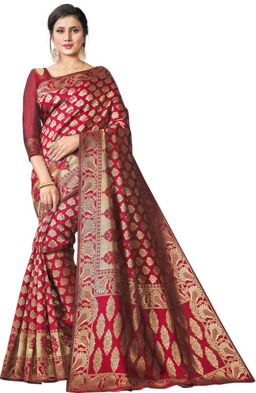 Self Design, Woven, Embellished Bollywood Silk Blend, Cotton Silk Saree  (Maroon)
