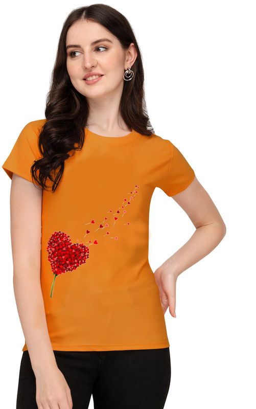 Women Printed, Floral Print Round Neck Polyester Orange T-Shirt