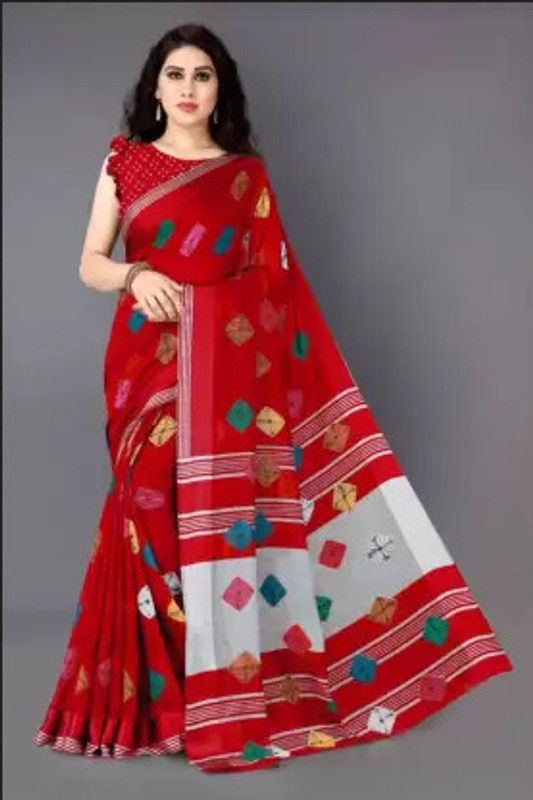 Printed Tant Cotton Linen Saree  (Red)