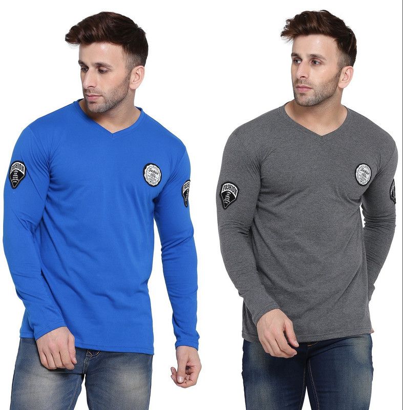 Pack of 2 Men Solid V Neck Cotton Blend Blue, Grey T-Shirt