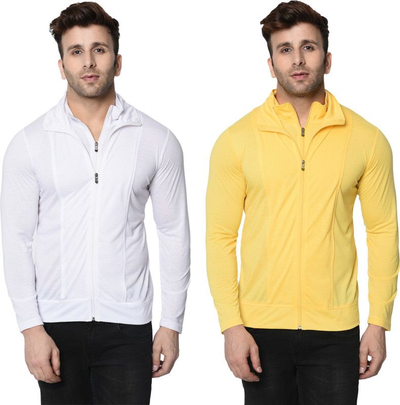 Pack of 2 Men Solid Turtle Neck Cotton Blend White, Yellow T-Shirt