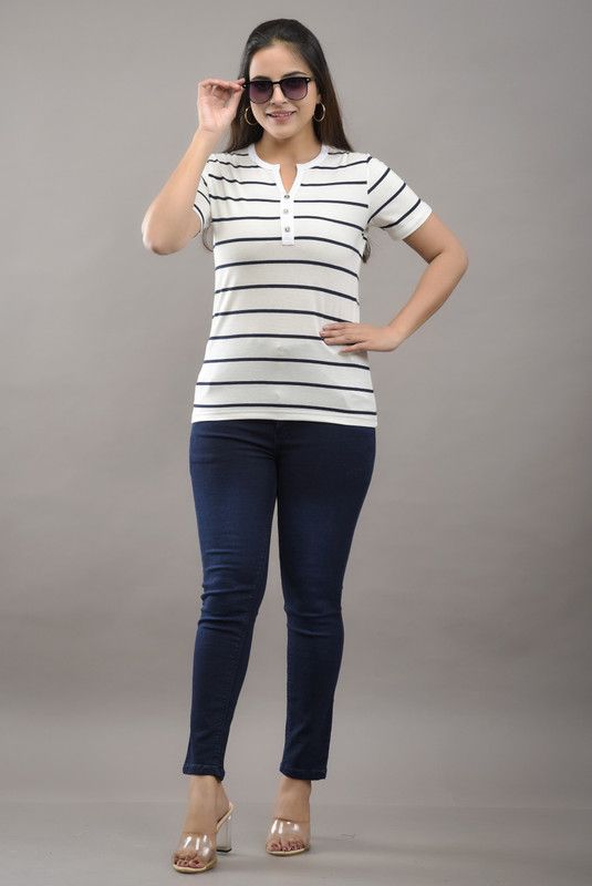 KIRAN Women Striped V Neck Cotton Blend White T-Shirt