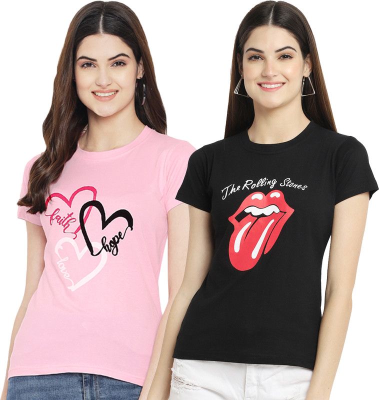 Pack of 2 Women Typography Round Neck Pure Cotton Pink, Black T-Shirt