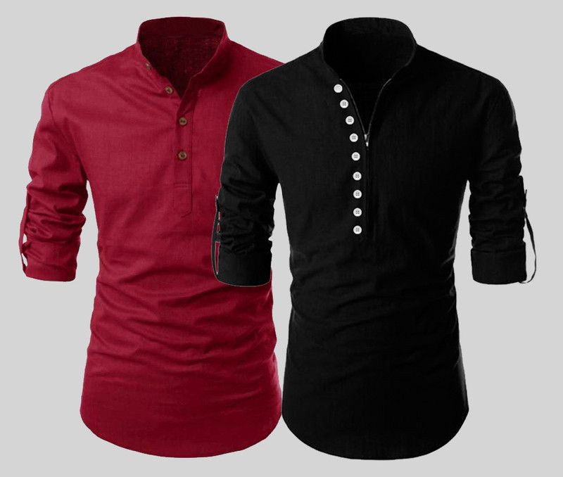 Pack of 2 Men Self Design Cotton Blend Straight Kurta  (Red, Black)