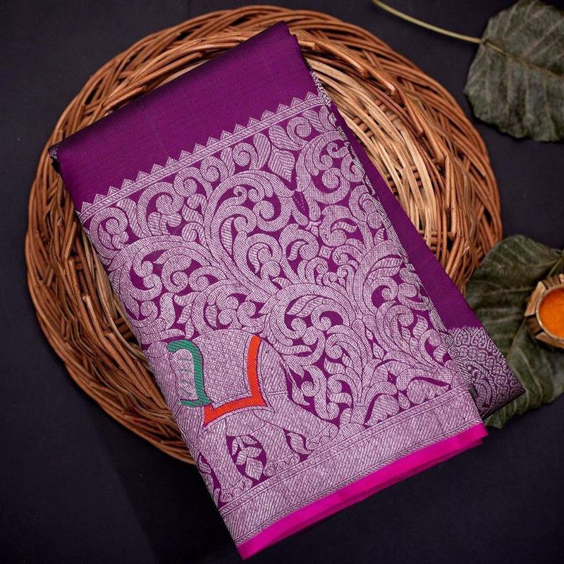 Embellished, Floral Print, Solid, Woven Thanjavur Jacquard, Pure Silk Saree  (Purple)