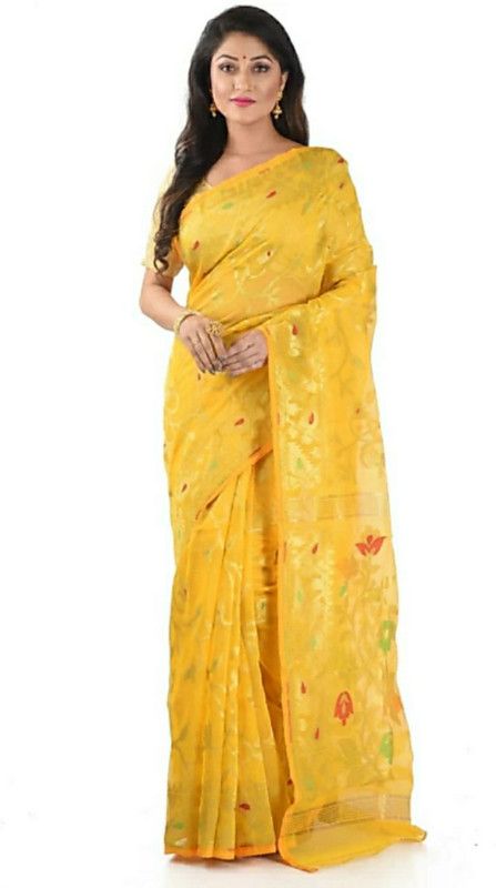 Self Design, Woven Jamdani Cotton Silk Saree  (Yellow)