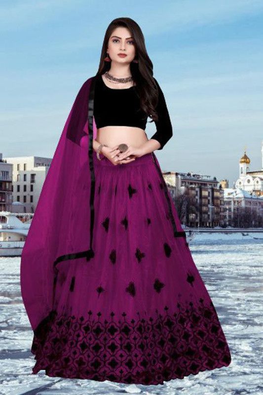 Semi Stitched Lehenga Choli  (Purple, Black)